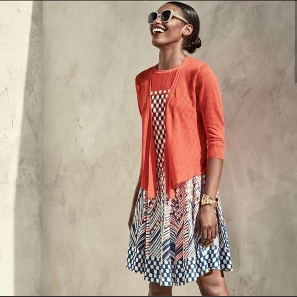 Nic + Zoe Coral Blue Cream Print Fiore Fit & Flare Dress & Cardigan Sweater - Picture 1 of 15